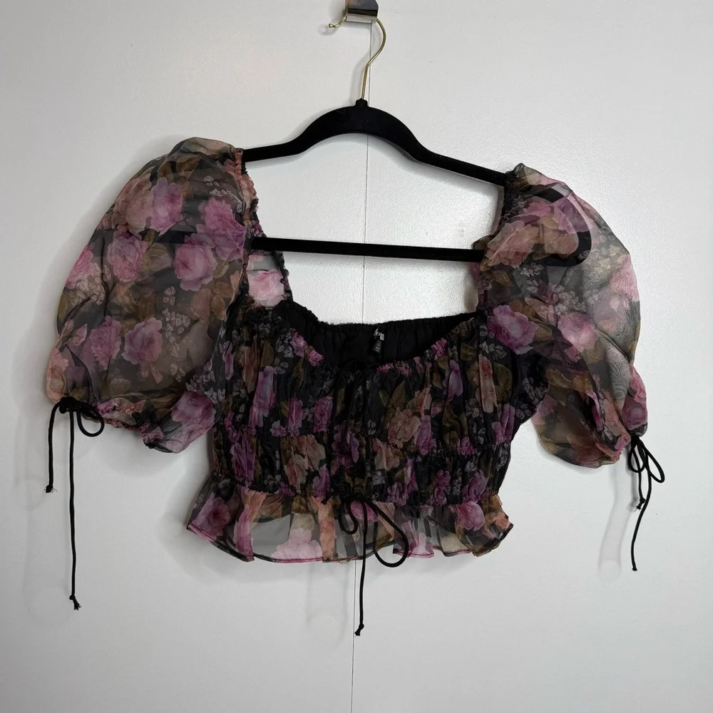 For Love & Lemons Sunshine Crop Top Sheer Smocked XS - Picture 2 of 8